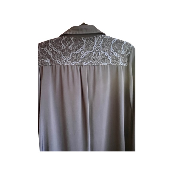 Pretty navy blue button up blouse with lace details and tie. Size large. - Picture 10 of 11